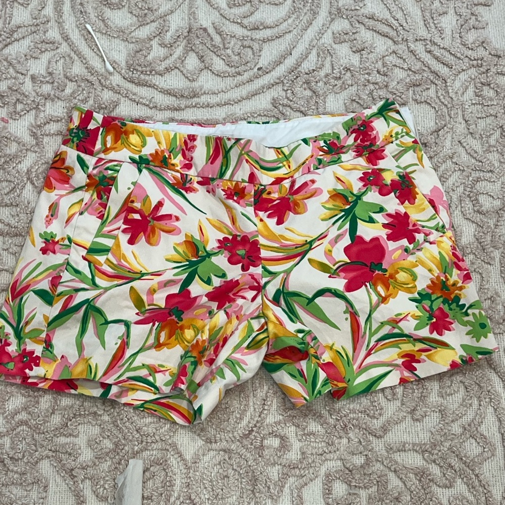 J. Crew Floral High-Waist Shorts in White with Pink & Green